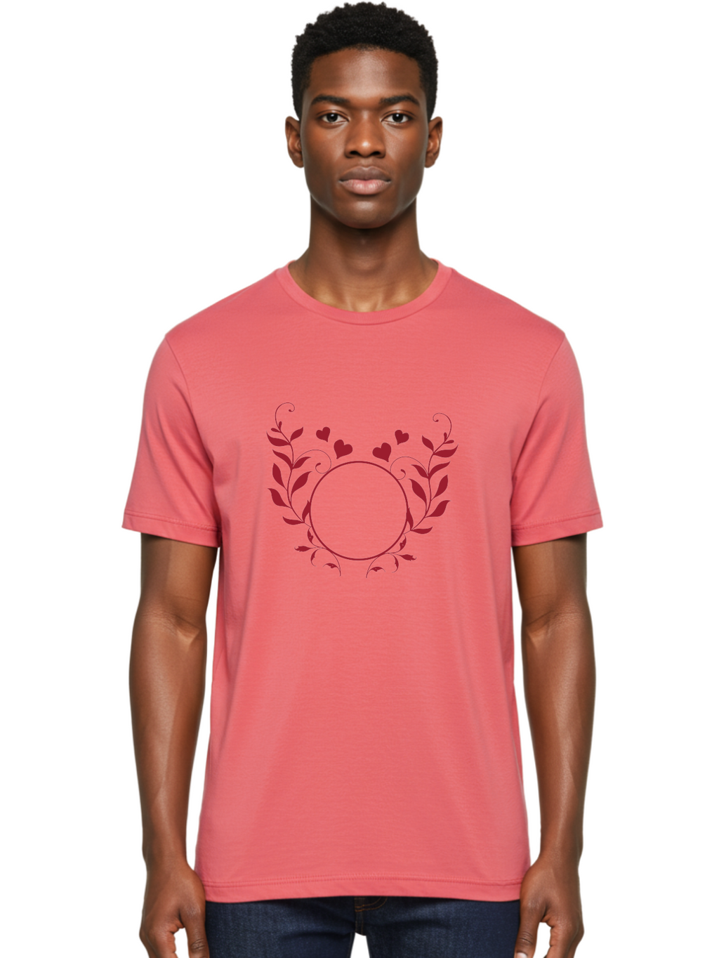 Hearts-And-Vines-Frame Men'S Graphic Tee, 100% Cotton, Comfortable Casual Summer Wear, Machine Washable, Floral Wreath, Red Hearts, Circle Frame, Elegant Design, Romantic Elements, Decorative Border, Heart Motif, Vine Pattern, Classic Style Aac812