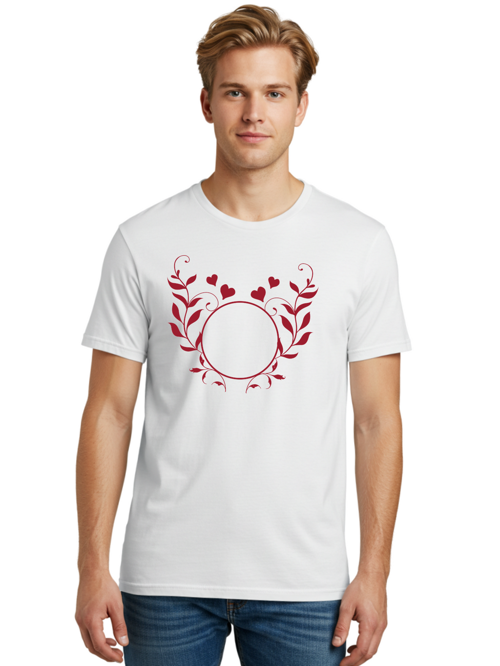 Hearts-And-Vines-Frame Men'S Graphic Tee, 100% Cotton, Comfortable Casual Summer Wear, Machine Washable, Floral Wreath, Red Hearts, Circle Frame, Elegant Design, Romantic Elements, Decorative Border, Heart Motif, Vine Pattern, Classic Style Aac812