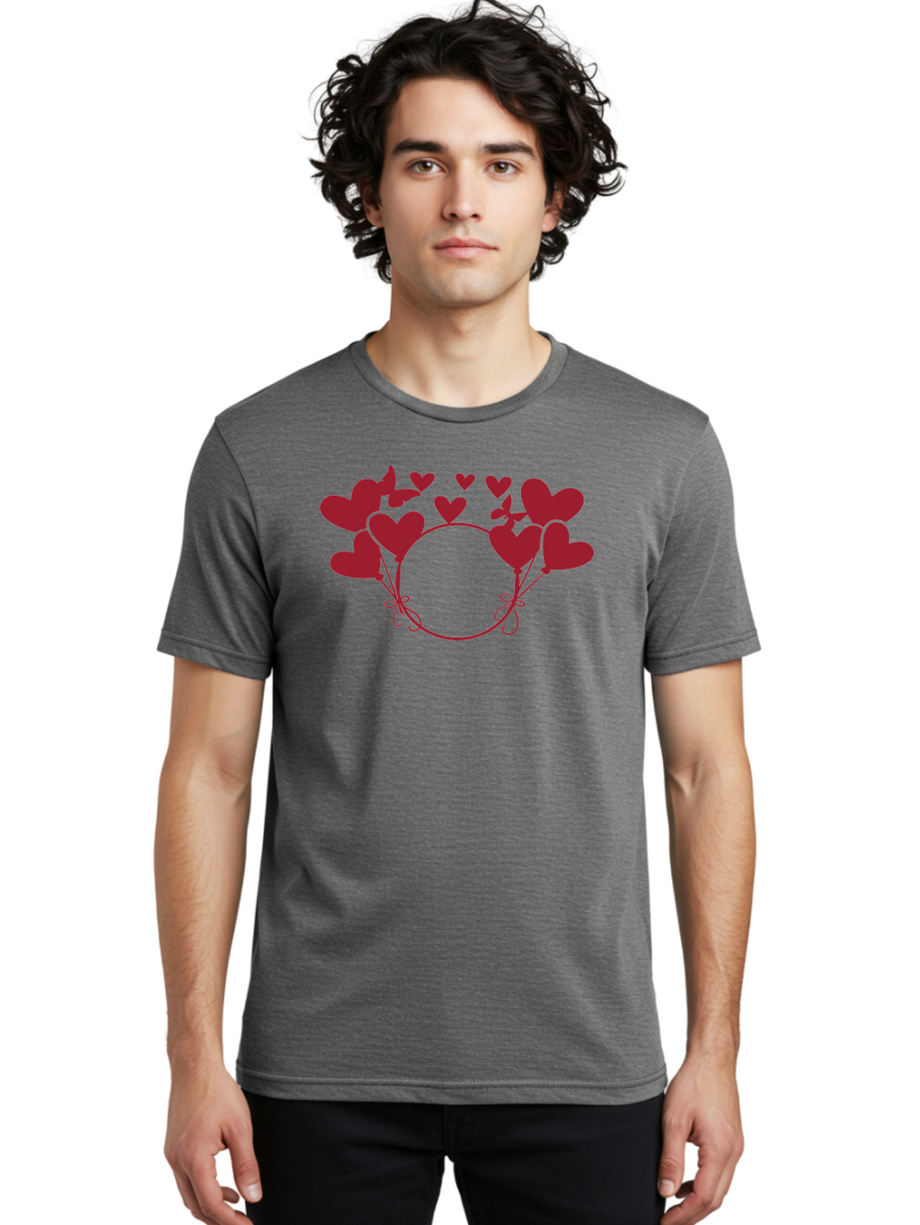 Hearts-Wreath Men'S Graphic Tee, 100% Cotton, Comfortable Casual Summer Wear, Machine Washable, Heart Shaped Frame, Floral Frame, Red Hearts, Heart Decoration, Valentines Day Decor, Love Theme, Heart Shaped Flowers, Decorative Frame, Aac813