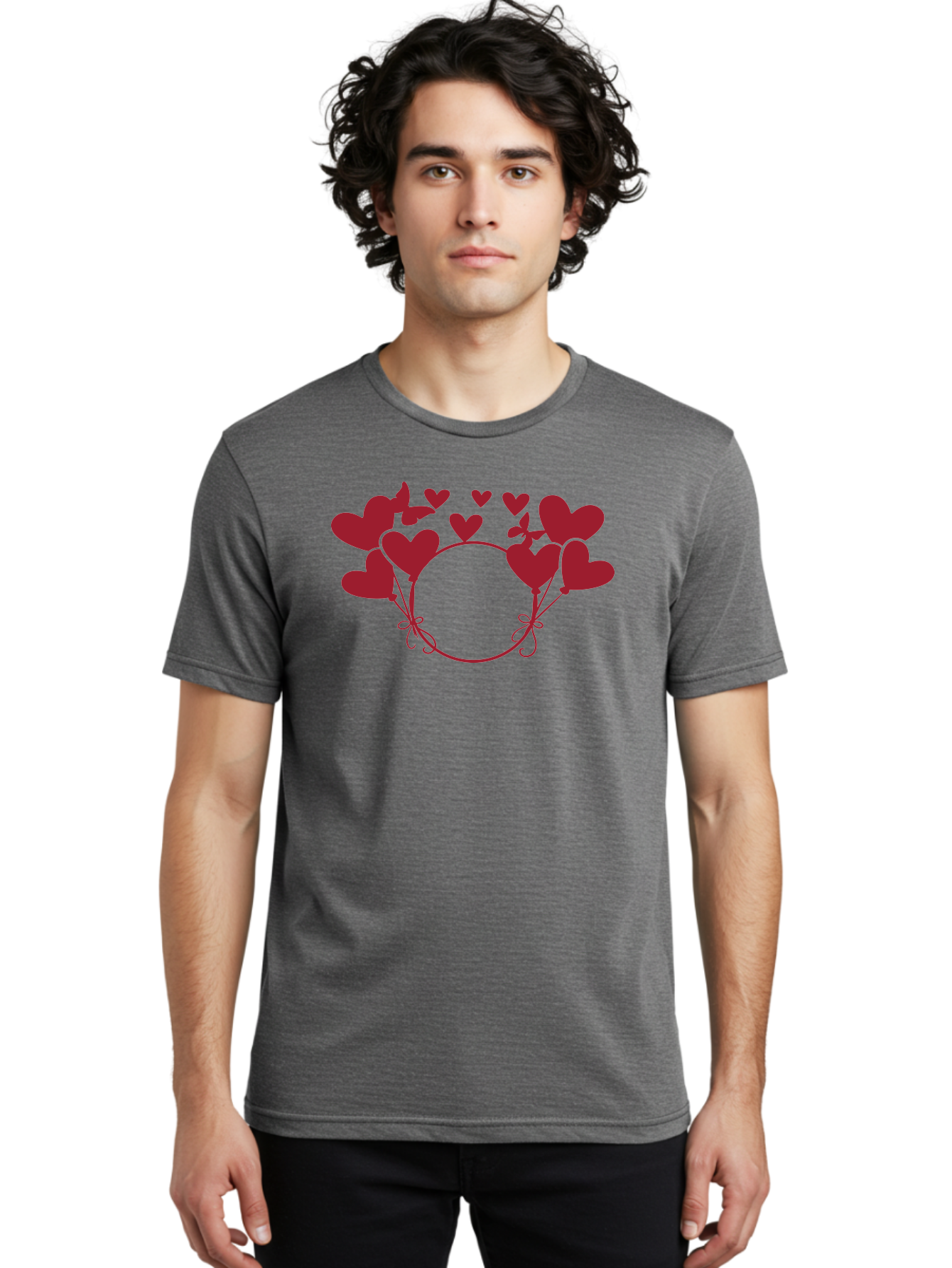 Hearts-Wreath Men'S Graphic Tee, 100% Cotton, Comfortable Casual Summer Wear, Machine Washable, Heart Shaped Frame, Floral Frame, Red Hearts, Heart Decoration, Valentines Day Decor, Love Theme, Heart Shaped Flowers, Decorative Frame, Aac813