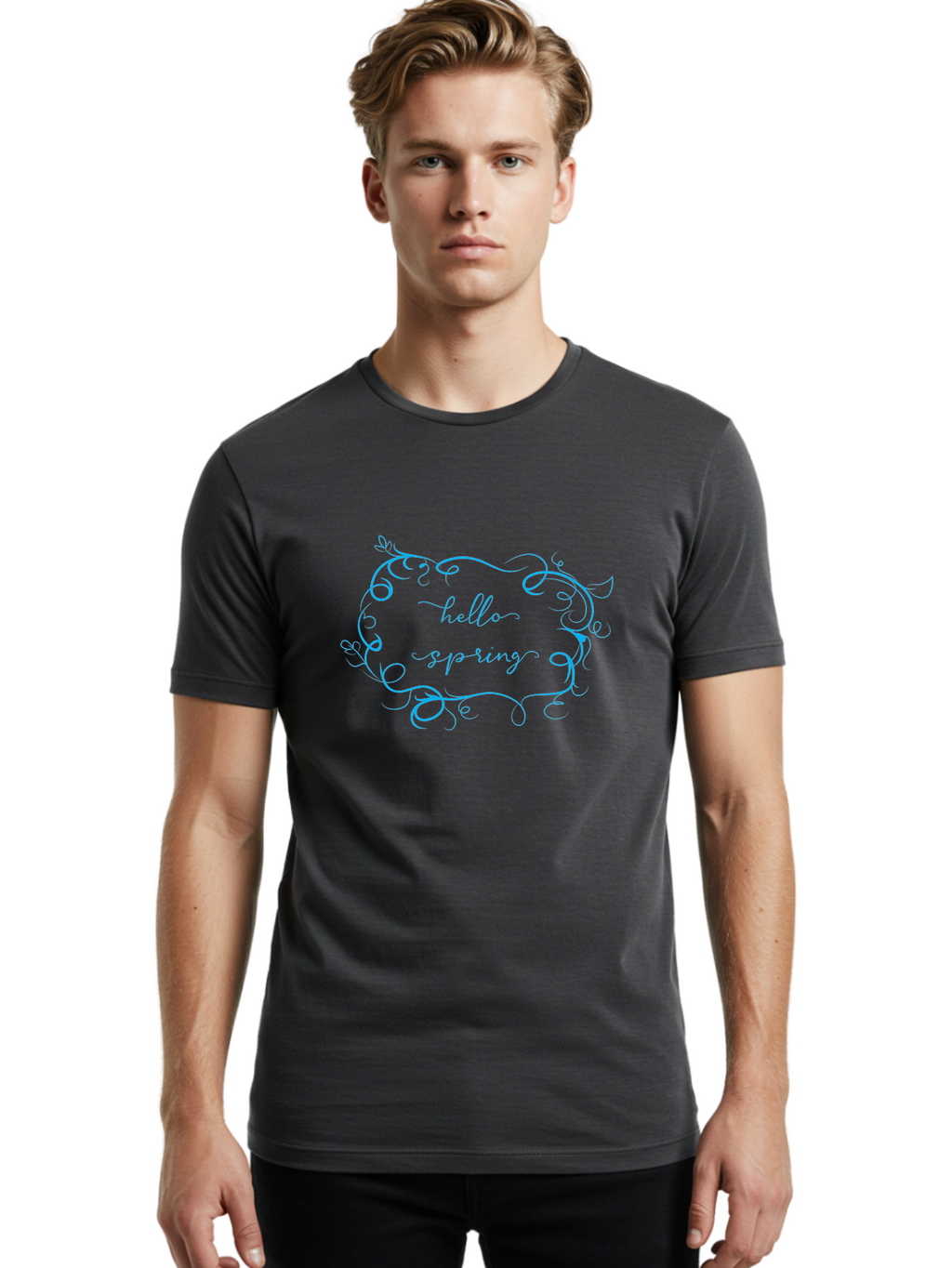 Hello-Sprywing Men'S Graphic Tee, 100% Cotton, Comfortable Casual Summer Wear, Machine Washable, Decorative Frame, Elegant Design, Cursive Text, Hello Sassy, Artistic Typography, Floral Elements Aac814