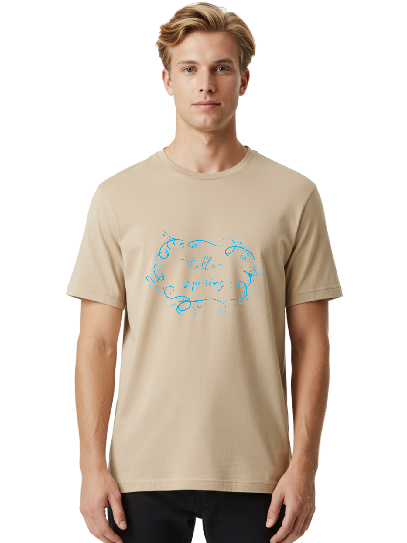 Hello-Sprywing Men'S Graphic Tee, 100% Cotton, Comfortable Casual Summer Wear, Machine Washable, Decorative Frame, Elegant Design, Cursive Text, Hello Sassy, Artistic Typography, Floral Elements Aac814