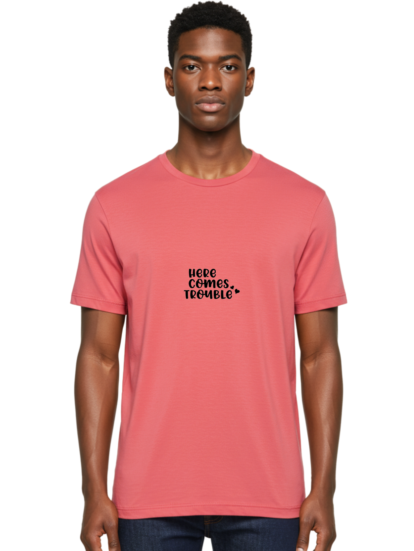 Here-Comes-Trouble Men'S Graphic Tee, 100% Cotton, Comfortable Casual Summer Wear, Machine Washable, Funny Quote, Trouble Ahead, Playful Typography, Black Text, Heart Symbols, Humorous Phrase, Trouble, Cute Hearts Aac816