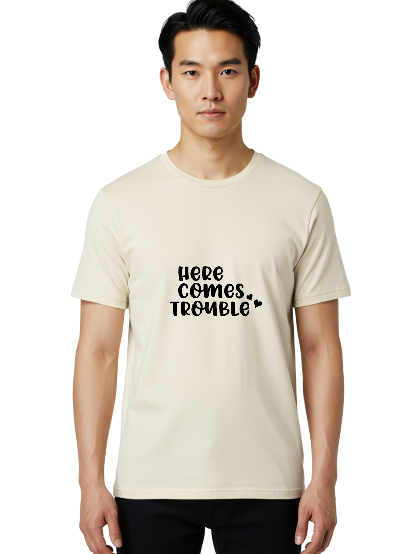 Here-Comes-Trouble Men'S Graphic Tee, 100% Cotton, Comfortable Casual Summer Wear, Machine Washable, Funny Quote, Trouble Ahead, Playful Typography, Black Text, Heart Symbols, Humorous Phrase, Trouble, Cute Hearts Aac816