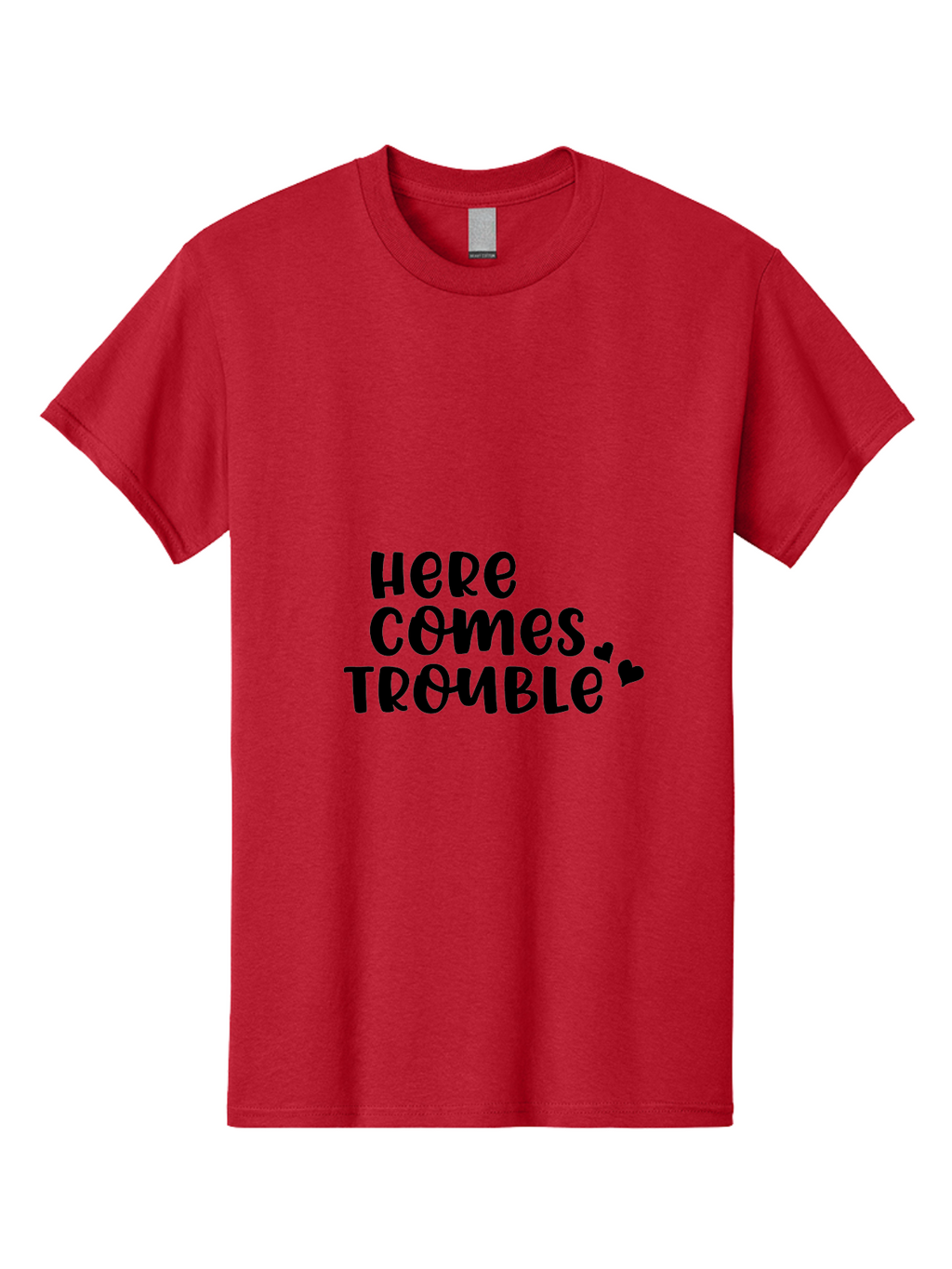 Here-Comes-Trouble Men'S Graphic Tee, 100% Cotton, Comfortable Casual Summer Wear, Machine Washable, Funny Quote, Trouble Ahead, Playful Typography, Black Text, Heart Symbols, Humorous Phrase, Trouble, Cute Hearts Aac816
