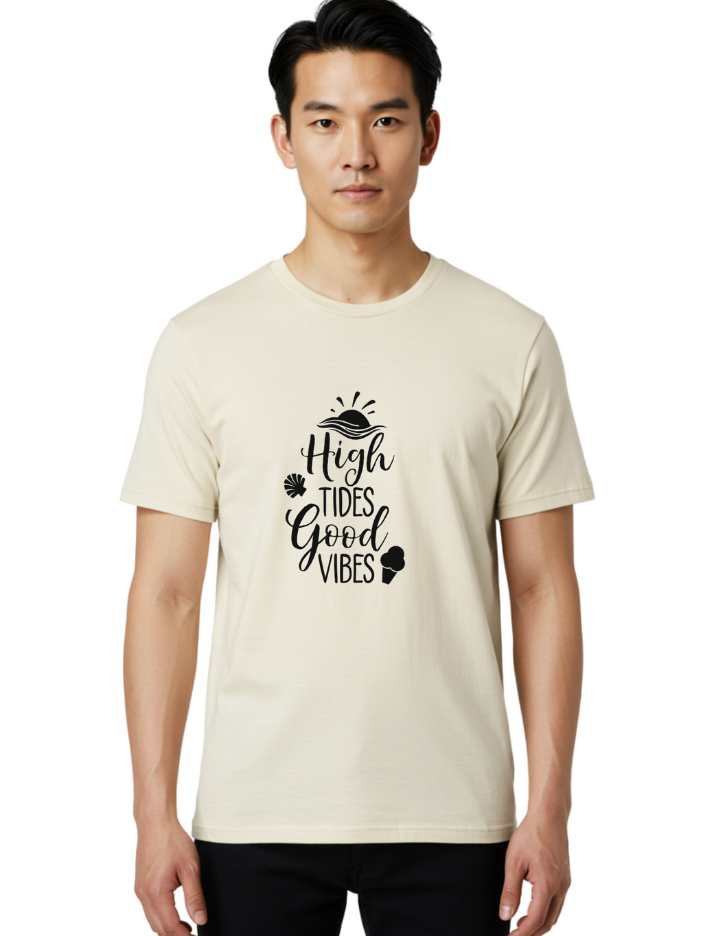 High-Tides-Good-Vibes Men'S Graphic Tee, 100% Cotton, Comfortable Casual Summer Wear, Machine Washable, Ocean Inspiration, Beach Vibes, Good Energy, Sea Shells, Positive Affirmations, Coastal Lifestyle, Motivational Quotes, Summer Vibes Aac819