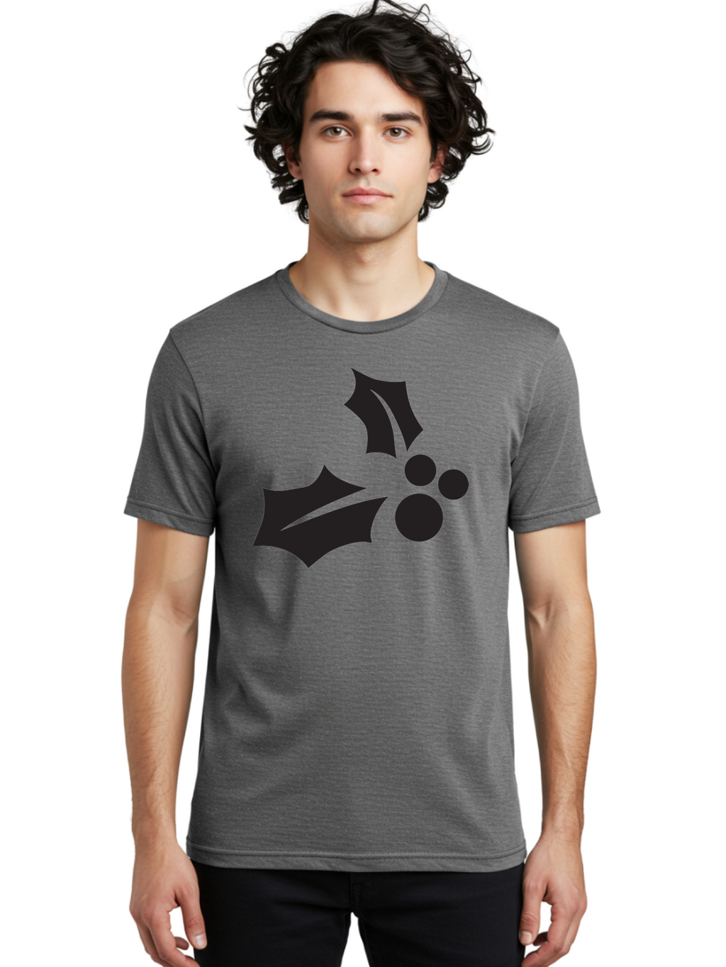 Holly-Leaves-And-Berries Men'S Graphic Tee, 100% Cotton, Comfortable Casual Summer Wear, Machine Washable, Holiday Holly, Christmas Leaves, Festive Berries, Black Silhouette, Minimalist Design, Winter Decor, Seasonal Graphics Aac823