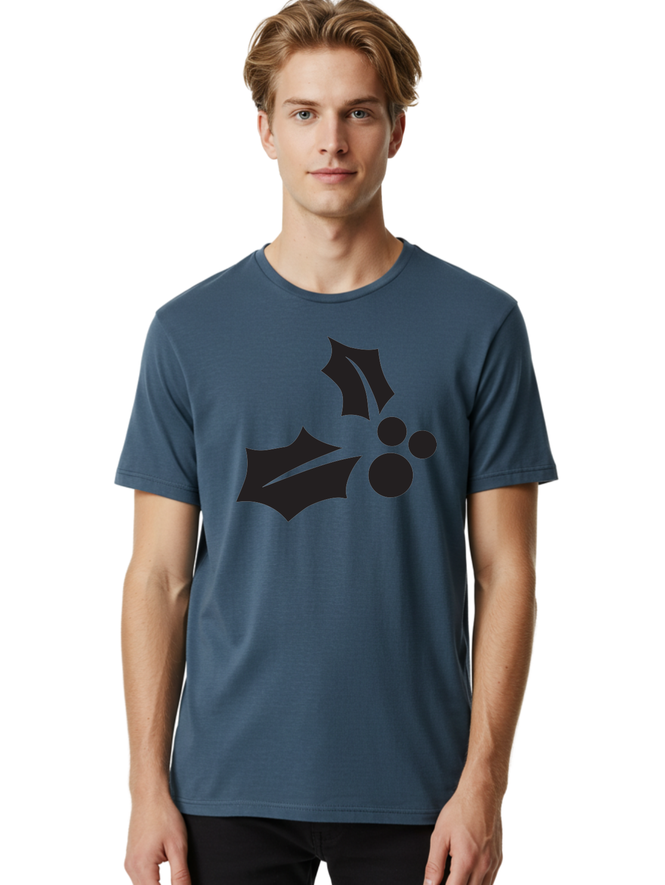 Holly-Leaves-And-Berries Men'S Graphic Tee, 100% Cotton, Comfortable Casual Summer Wear, Machine Washable, Holiday Holly, Christmas Leaves, Festive Berries, Black Silhouette, Minimalist Design, Winter Decor, Seasonal Graphics Aac823