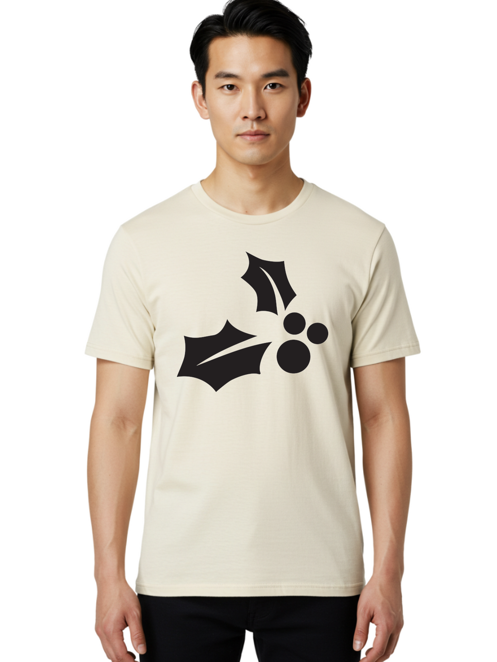 Holly-Leaves-And-Berries Men'S Graphic Tee, 100% Cotton, Comfortable Casual Summer Wear, Machine Washable, Holiday Holly, Christmas Leaves, Festive Berries, Black Silhouette, Minimalist Design, Winter Decor, Seasonal Graphics Aac823