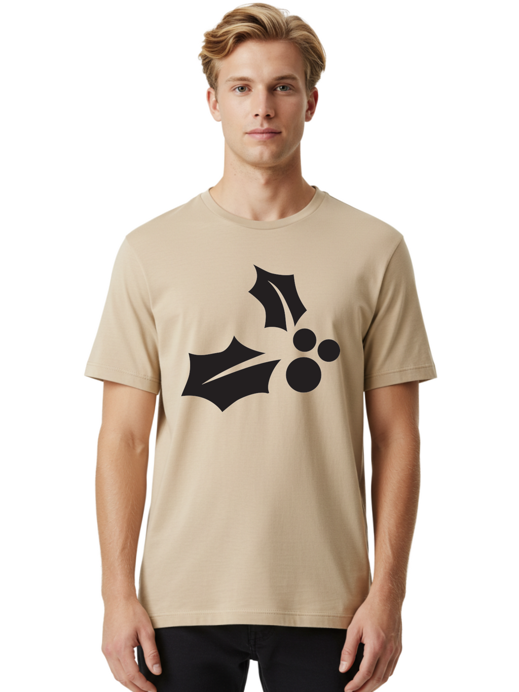 Holly-Leaves-And-Berries Men'S Graphic Tee, 100% Cotton, Comfortable Casual Summer Wear, Machine Washable, Holiday Holly, Christmas Leaves, Festive Berries, Black Silhouette, Minimalist Design, Winter Decor, Seasonal Graphics Aac823