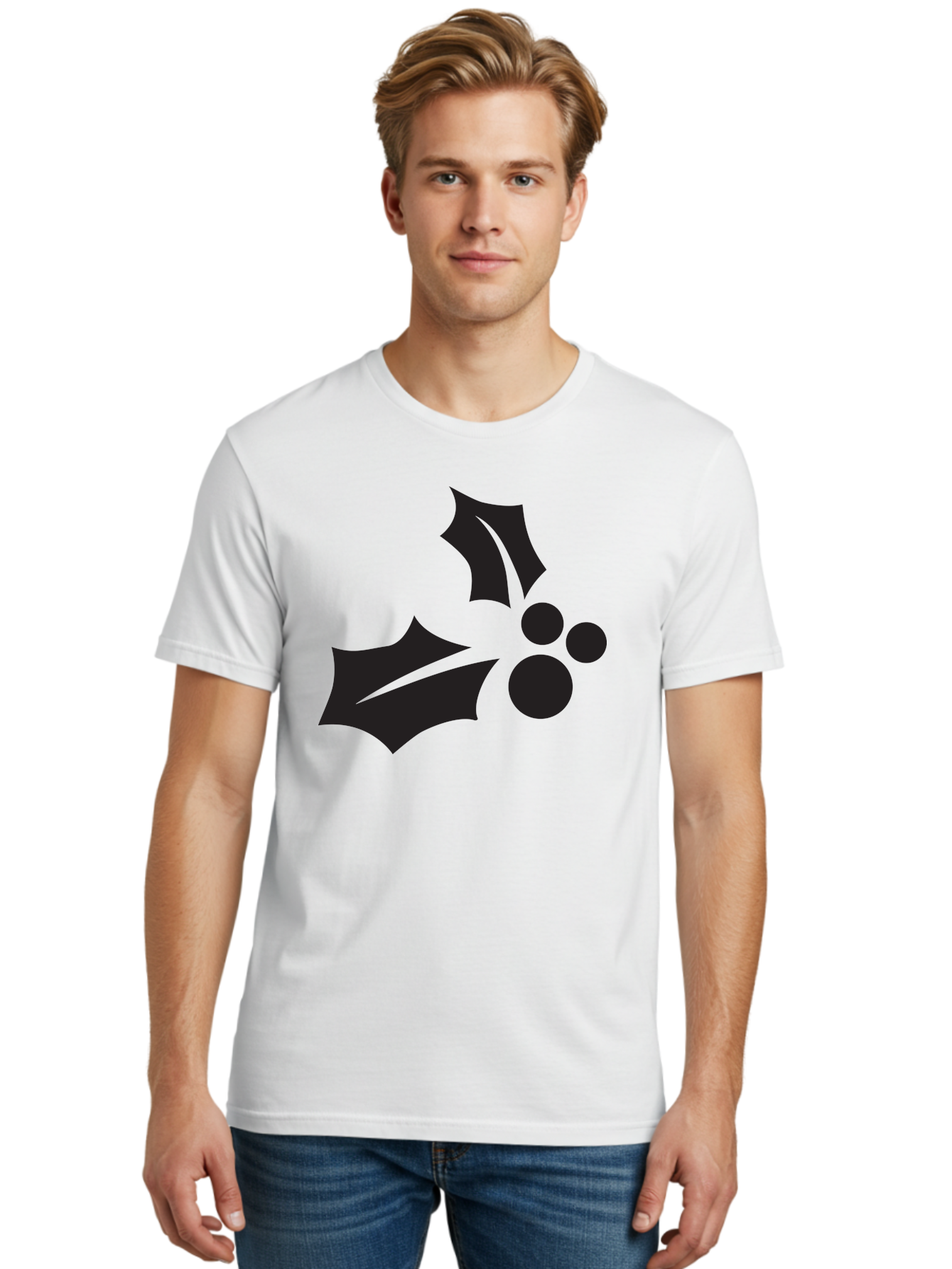 Holly-Leaves-And-Berries Men'S Graphic Tee, 100% Cotton, Comfortable Casual Summer Wear, Machine Washable, Holiday Holly, Christmas Leaves, Festive Berries, Black Silhouette, Minimalist Design, Winter Decor, Seasonal Graphics Aac823