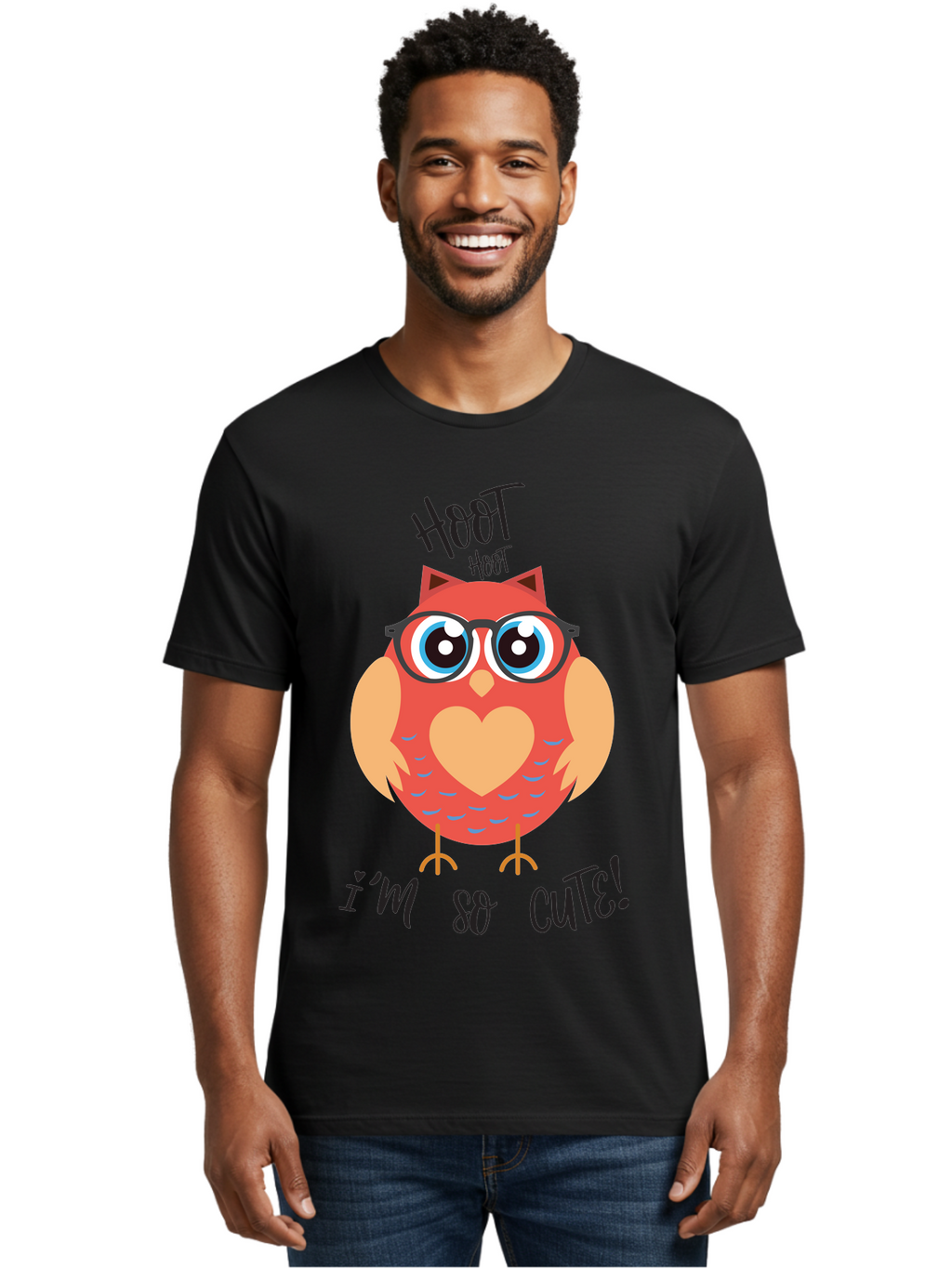 Hoot-Hoot-Owl Men'S Graphic Tee, 100% Cotton, Comfortable Casual Summer Wear, Machine Washable, Cartoon Owl, Heart-Shaped Chest, Glasses, Big Eyes, Cute Animal, Funny Illustration, Whimsical Design, Hoot Hoot, Adorable Creature, Aac827