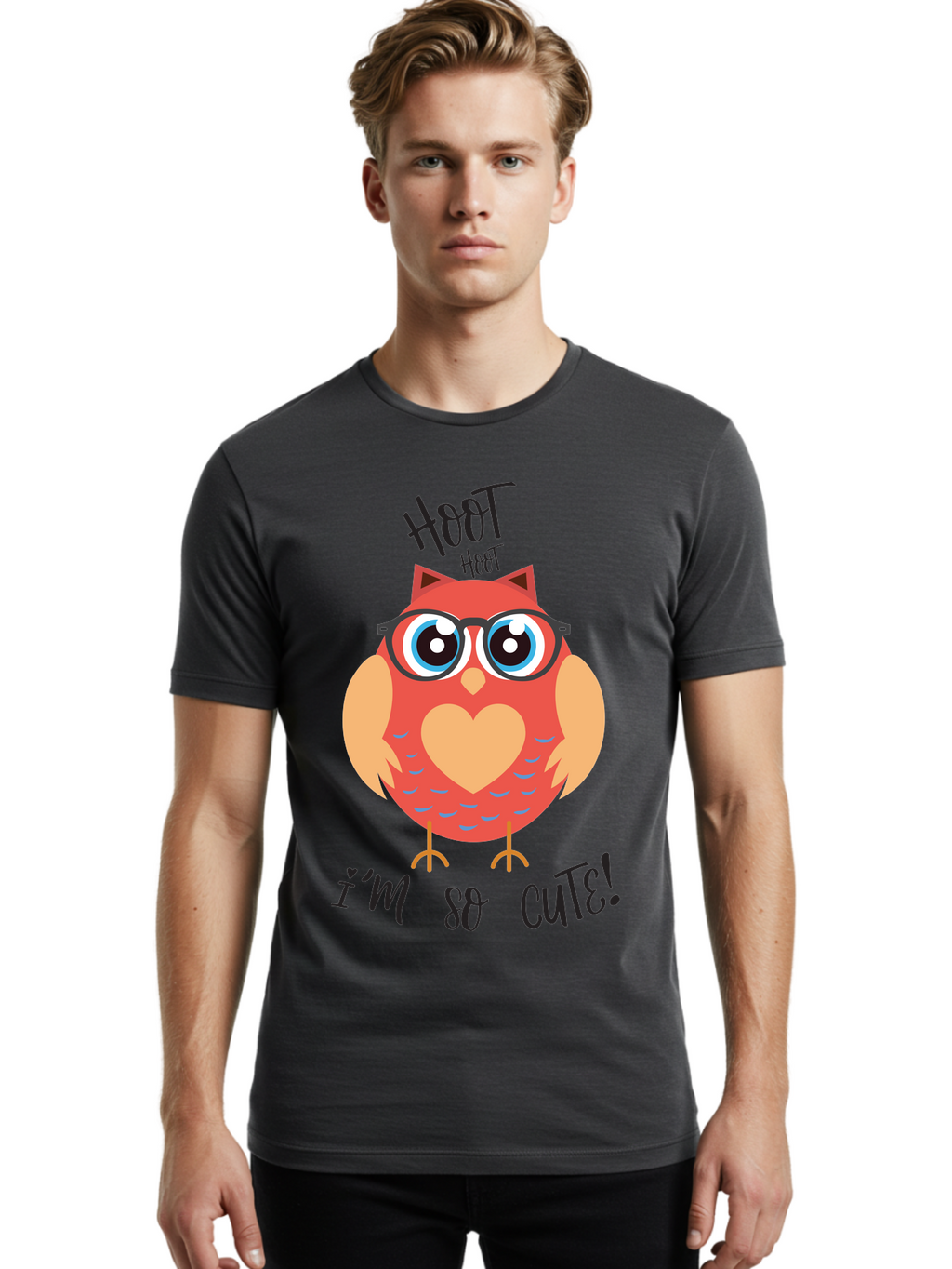 Hoot-Hoot-Owl Men'S Graphic Tee, 100% Cotton, Comfortable Casual Summer Wear, Machine Washable, Cartoon Owl, Heart-Shaped Chest, Glasses, Big Eyes, Cute Animal, Funny Illustration, Whimsical Design, Hoot Hoot, Adorable Creature, Aac827