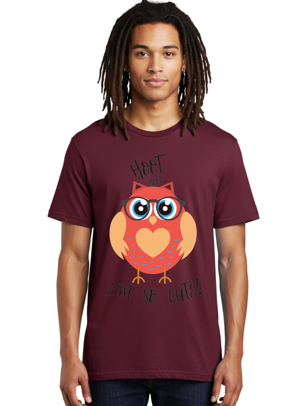 Hoot-Hoot-Owl Men'S Graphic Tee, 100% Cotton, Comfortable Casual Summer Wear, Machine Washable, Cartoon Owl, Heart-Shaped Chest, Glasses, Big Eyes, Cute Animal, Funny Illustration, Whimsical Design, Hoot Hoot, Adorable Creature, Aac827