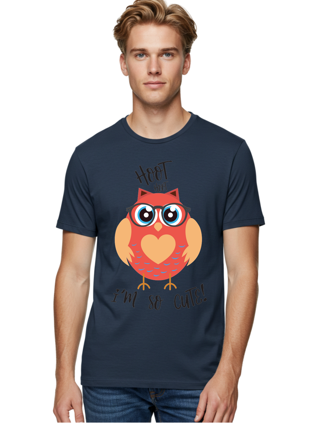 Hoot-Hoot-Owl Men'S Graphic Tee, 100% Cotton, Comfortable Casual Summer Wear, Machine Washable, Cartoon Owl, Heart-Shaped Chest, Glasses, Big Eyes, Cute Animal, Funny Illustration, Whimsical Design, Hoot Hoot, Adorable Creature, Aac827