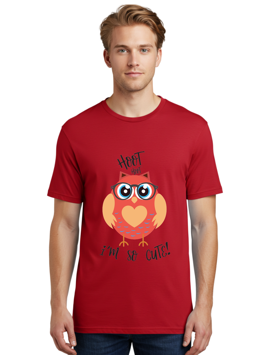 Hoot-Hoot-Owl Men'S Graphic Tee, 100% Cotton, Comfortable Casual Summer Wear, Machine Washable, Cartoon Owl, Heart-Shaped Chest, Glasses, Big Eyes, Cute Animal, Funny Illustration, Whimsical Design, Hoot Hoot, Adorable Creature, Aac827
