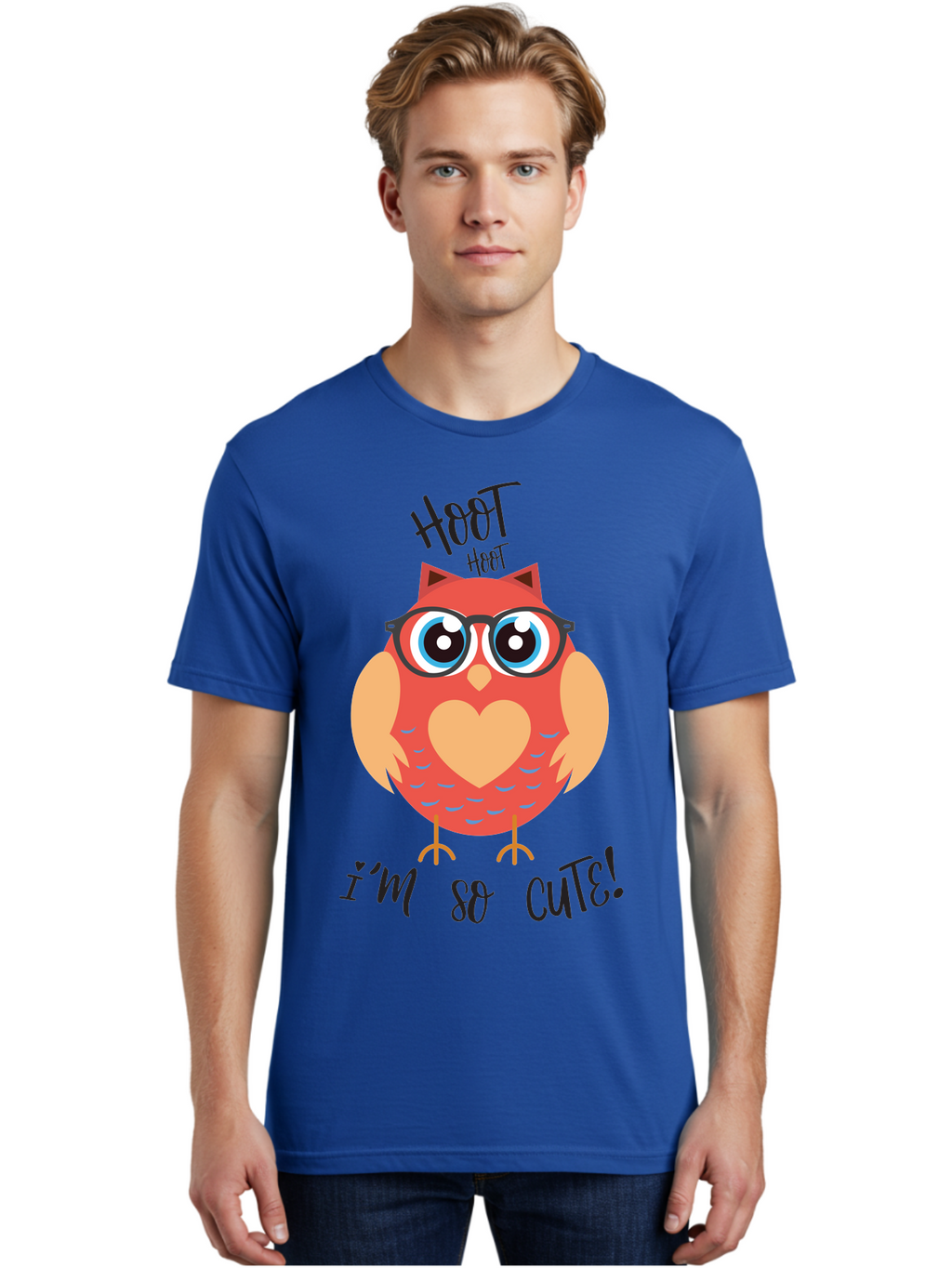 Hoot-Hoot-Owl Men'S Graphic Tee, 100% Cotton, Comfortable Casual Summer Wear, Machine Washable, Cartoon Owl, Heart-Shaped Chest, Glasses, Big Eyes, Cute Animal, Funny Illustration, Whimsical Design, Hoot Hoot, Adorable Creature, Aac827