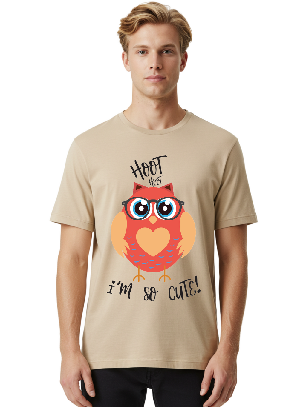 Hoot-Hoot-Owl Men'S Graphic Tee, 100% Cotton, Comfortable Casual Summer Wear, Machine Washable, Cartoon Owl, Heart-Shaped Chest, Glasses, Big Eyes, Cute Animal, Funny Illustration, Whimsical Design, Hoot Hoot, Adorable Creature, Aac827