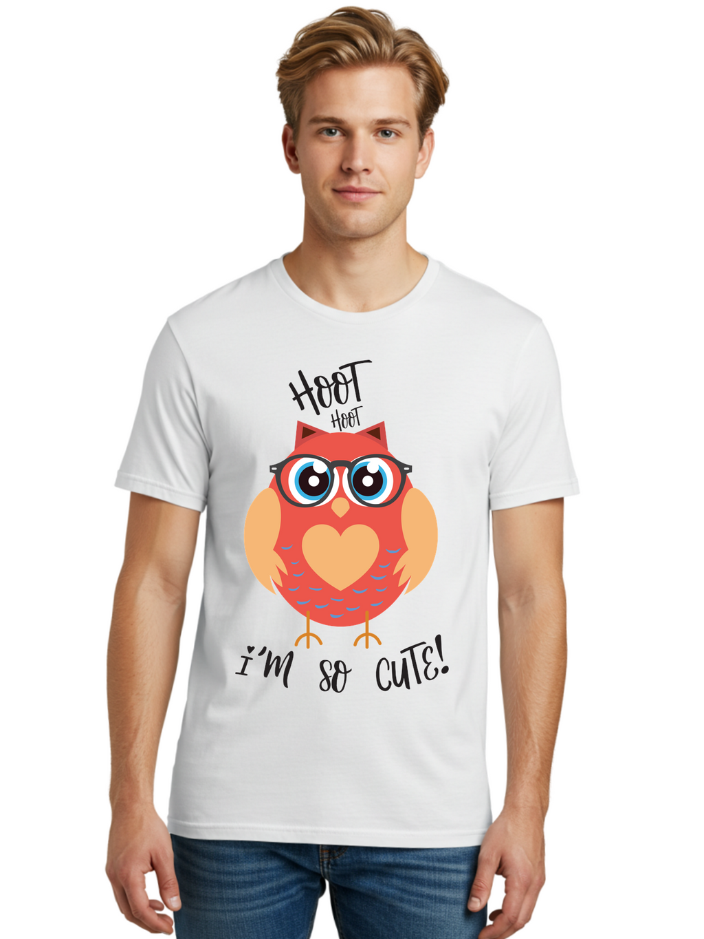 Hoot-Hoot-Owl Men'S Graphic Tee, 100% Cotton, Comfortable Casual Summer Wear, Machine Washable, Cartoon Owl, Heart-Shaped Chest, Glasses, Big Eyes, Cute Animal, Funny Illustration, Whimsical Design, Hoot Hoot, Adorable Creature, Aac827