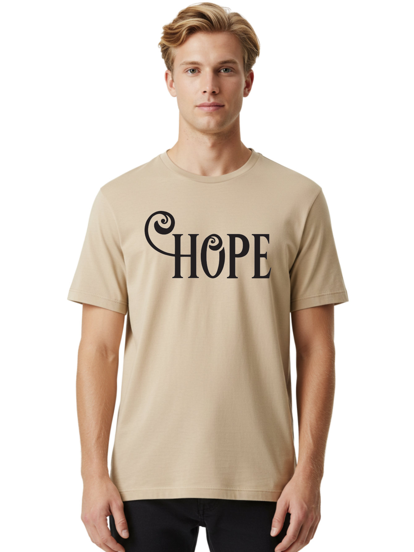 Hope Men'S Graphic Tee, 100% Cotton, Comfortable Casual Summer Wear, Machine Washable, Hope Symbol, Inspirational Quote, Motivational Text, Positive Vibes, Black Typography, Elegant Design, Swirly Font, Ornate Lettering Aac828