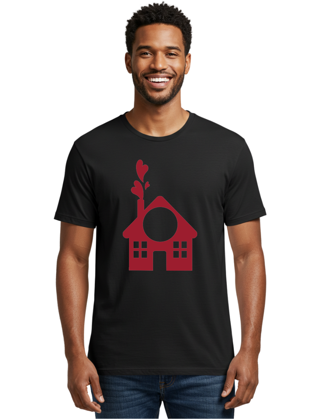 House-With-Heart-Chimney Men'S Graphic Tee, 100% Cotton, Comfortable Casual Summer Wear, Machine Washable, Stylized House, Heart-Shaped Chimney, Red Silhouette, Love Symbol, Cozy Home, Heart-Themed Decor, Minimalist Design, Aac833