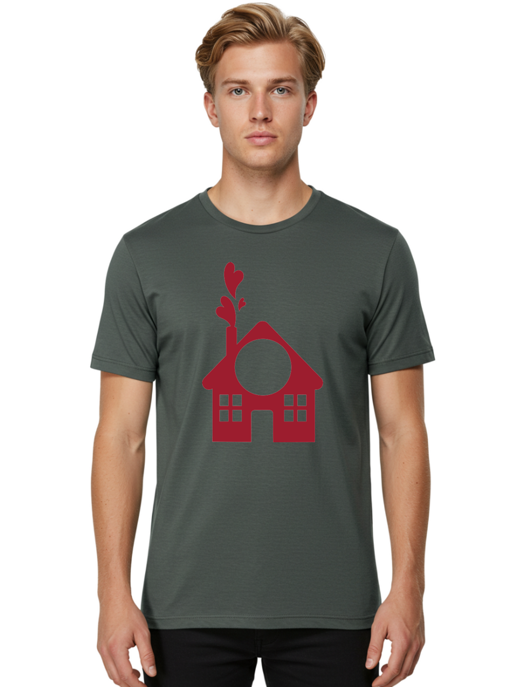 House-With-Heart-Chimney Men'S Graphic Tee, 100% Cotton, Comfortable Casual Summer Wear, Machine Washable, Stylized House, Heart-Shaped Chimney, Red Silhouette, Love Symbol, Cozy Home, Heart-Themed Decor, Minimalist Design, Aac833