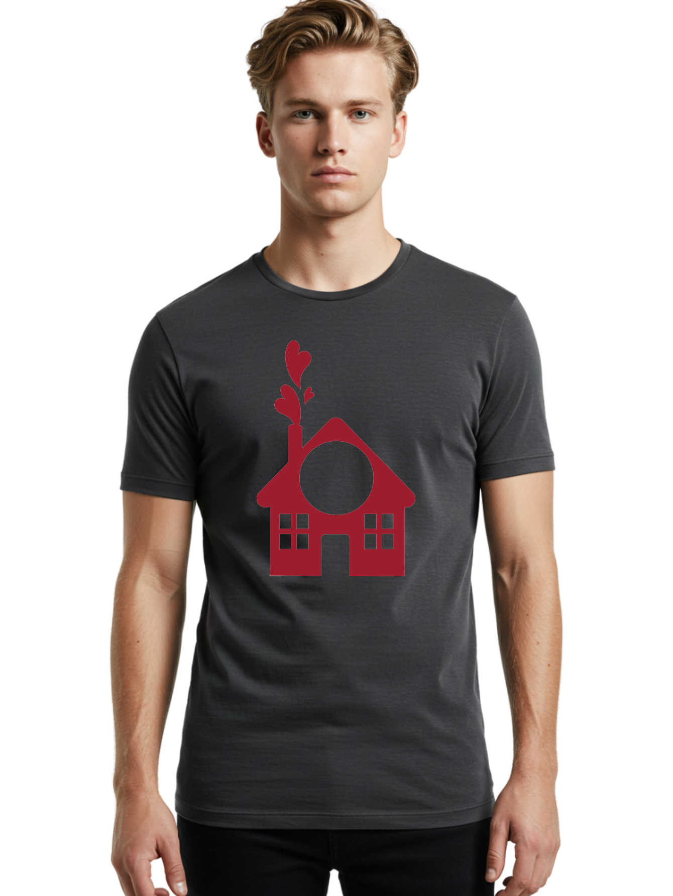 House-With-Heart-Chimney Men'S Graphic Tee, 100% Cotton, Comfortable Casual Summer Wear, Machine Washable, Stylized House, Heart-Shaped Chimney, Red Silhouette, Love Symbol, Cozy Home, Heart-Themed Decor, Minimalist Design, Aac833