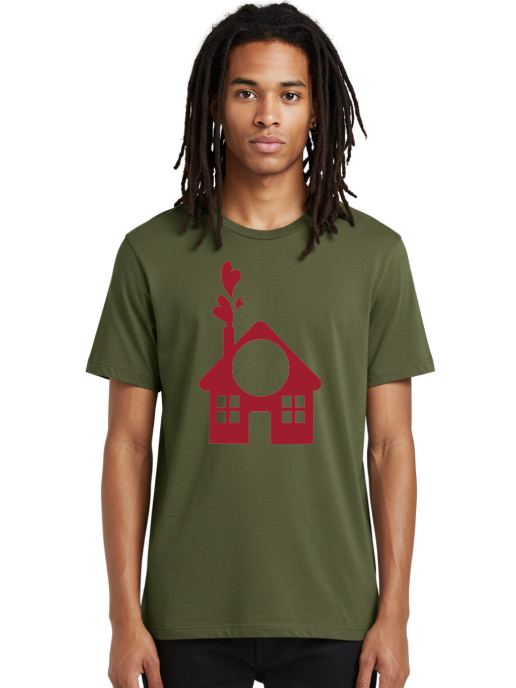 House-With-Heart-Chimney Men'S Graphic Tee, 100% Cotton, Comfortable Casual Summer Wear, Machine Washable, Stylized House, Heart-Shaped Chimney, Red Silhouette, Love Symbol, Cozy Home, Heart-Themed Decor, Minimalist Design, Aac833