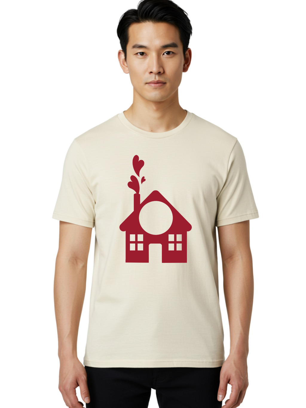 House-With-Heart-Chimney Men'S Graphic Tee, 100% Cotton, Comfortable Casual Summer Wear, Machine Washable, Stylized House, Heart-Shaped Chimney, Red Silhouette, Love Symbol, Cozy Home, Heart-Themed Decor, Minimalist Design, Aac833