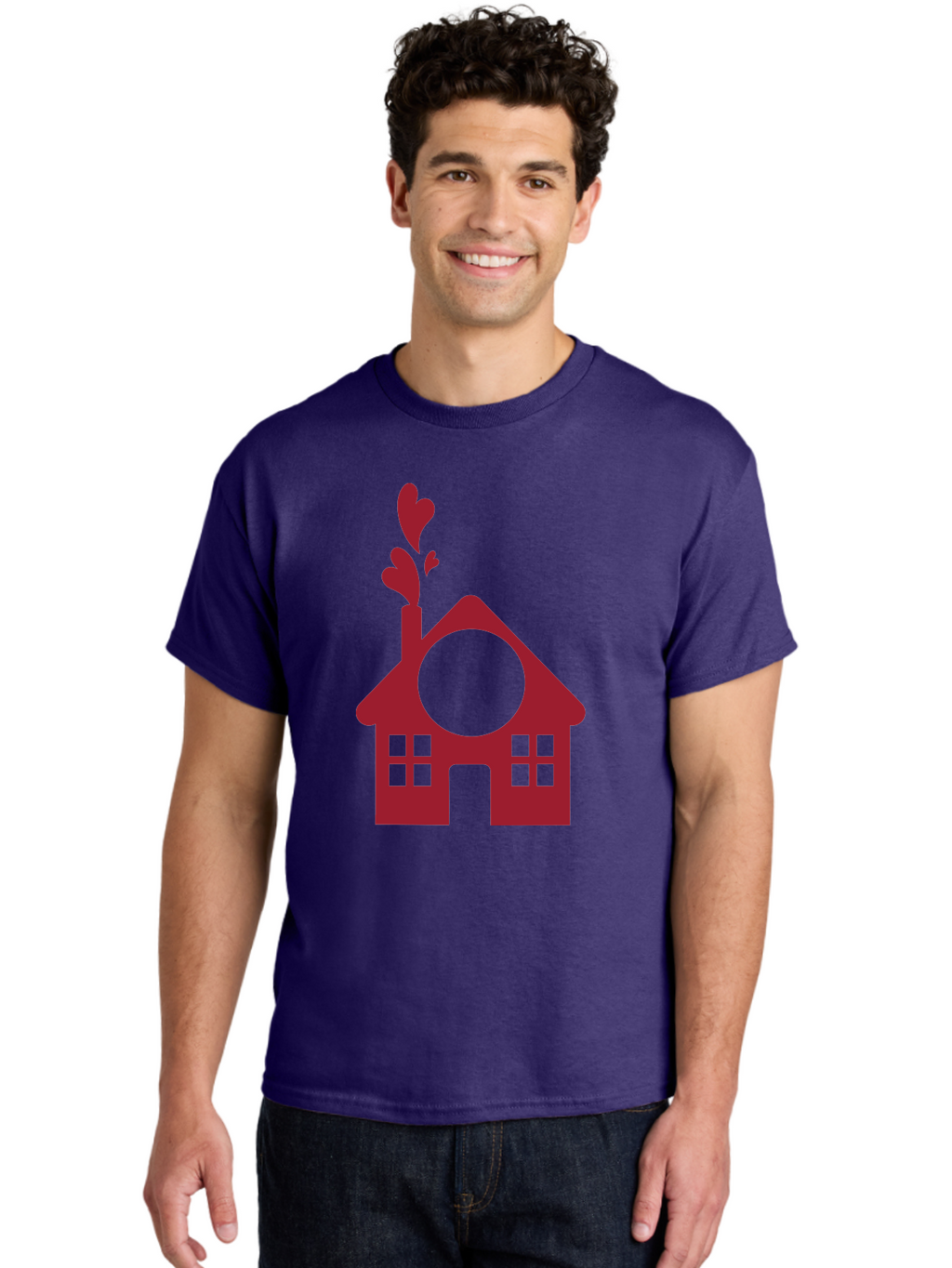 House-With-Heart-Chimney Men'S Graphic Tee, 100% Cotton, Comfortable Casual Summer Wear, Machine Washable, Stylized House, Heart-Shaped Chimney, Red Silhouette, Love Symbol, Cozy Home, Heart-Themed Decor, Minimalist Design, Aac833