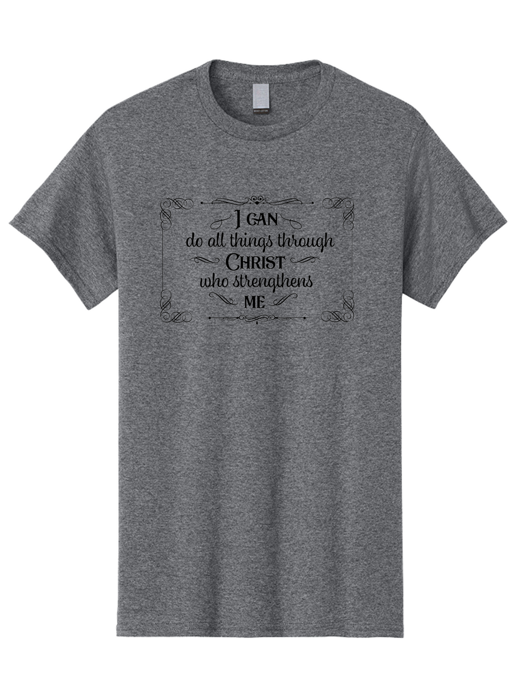 I-Can-Do-All-Things-Through-Christ Men'S Graphic Tee, 100% Cotton, Comfortable Casual Summer Wear, Machine Washable, Inspirational Quote, Motivational Phrase, Faith-Based Message, Christianity, Scripture, Philippians 4:13, Ornate Typography, Aac840