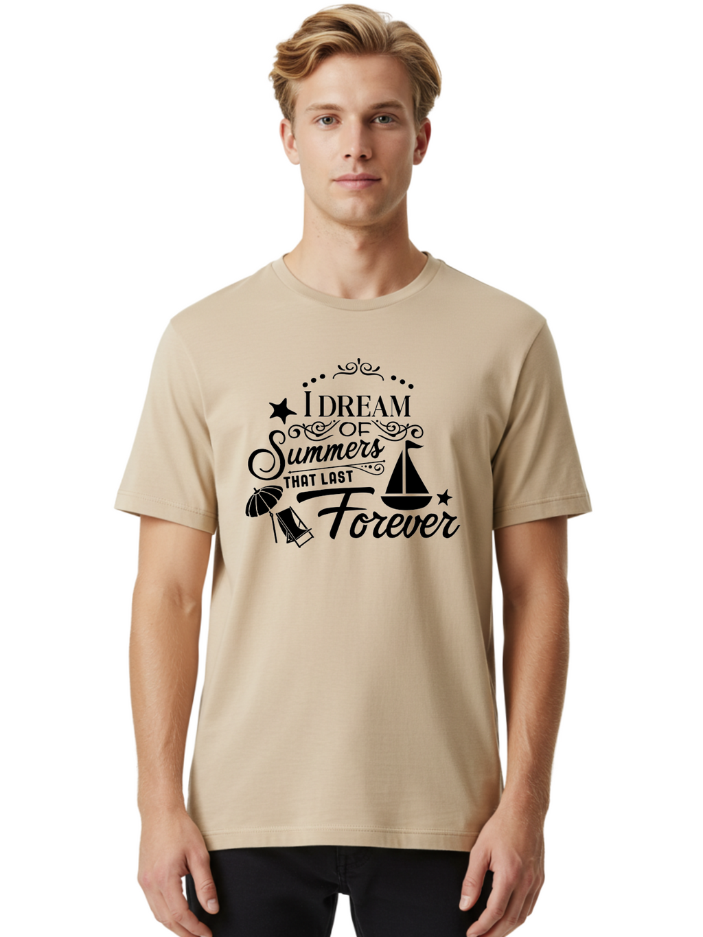 I-Dream-Of-Summers-That-Last-Forever Men'S Graphic Tee, 100% Cotton, Comfortable Casual Summer Wear, Machine Washable, Summertime Vibes, Sailing, Beach Umbrella, Summer Dreams, Endless Summer, Sailboat, Beach Life, Vacation Mode, Aac845