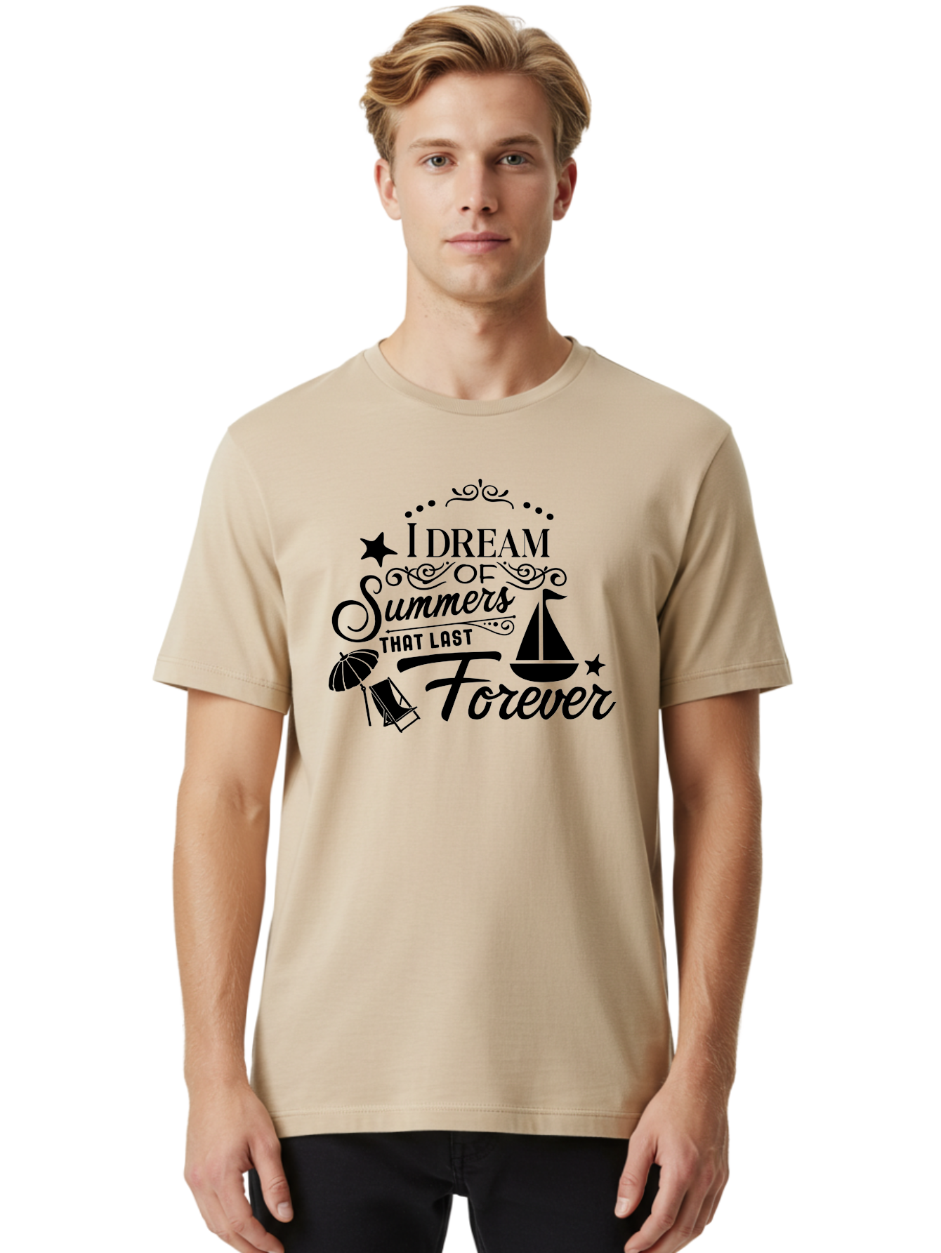 I-Dream-Of-Summers-That-Last-Forever Men'S Graphic Tee, 100% Cotton, Comfortable Casual Summer Wear, Machine Washable, Summertime Vibes, Sailing, Beach Umbrella, Summer Dreams, Endless Summer, Sailboat, Beach Life, Vacation Mode, Aac845