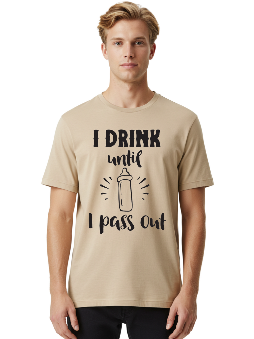 I-Drink-Until-I-Pass-Out Men'S Graphic Tee, 100% Cotton, Comfortable Casual Summer Wear, Machine Washable, Funny Baby Bottle, Humorous Drinking Quote, Party Humor, Adult Beverage, Comical Design, Sarcastic Quote, Playful Typography Aac846