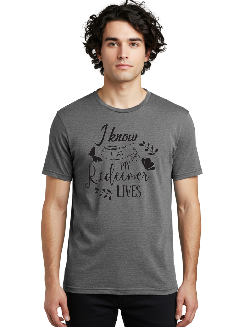 I-Know-That-My-Redeemer-Lives Men'S Graphic Tee, 100% Cotton, Comfortable Casual Summer Wear, Machine Washable, Faithful Quote, Inspirational Words, Religious Text, Butterflies, Leaves, Spiritual Message, Motivational Phrase, Black Typography, Aac849