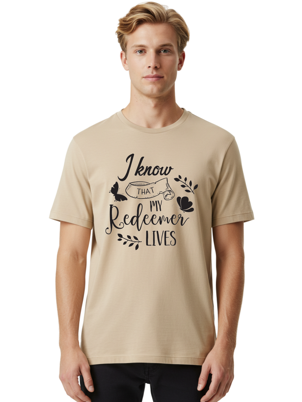 I-Know-That-My-Redeemer-Lives Men'S Graphic Tee, 100% Cotton, Comfortable Casual Summer Wear, Machine Washable, Faithful Quote, Inspirational Words, Religious Text, Butterflies, Leaves, Spiritual Message, Motivational Phrase, Black Typography, Aac849
