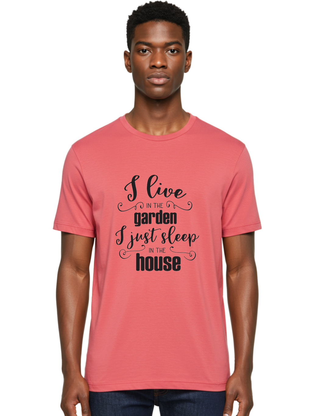 I-Live-In-The-Garden-I-Just-Sleep-In-The-House Men'S Graphic Tee, 100% Cotton, Comfortable Casual Summer Wear, Machine Washable, Inspirational Quote, Garden Lover, House And Garden, Outdoor Living, Nature Enthusiast, Gardening Life, Quote Art, Aac852
