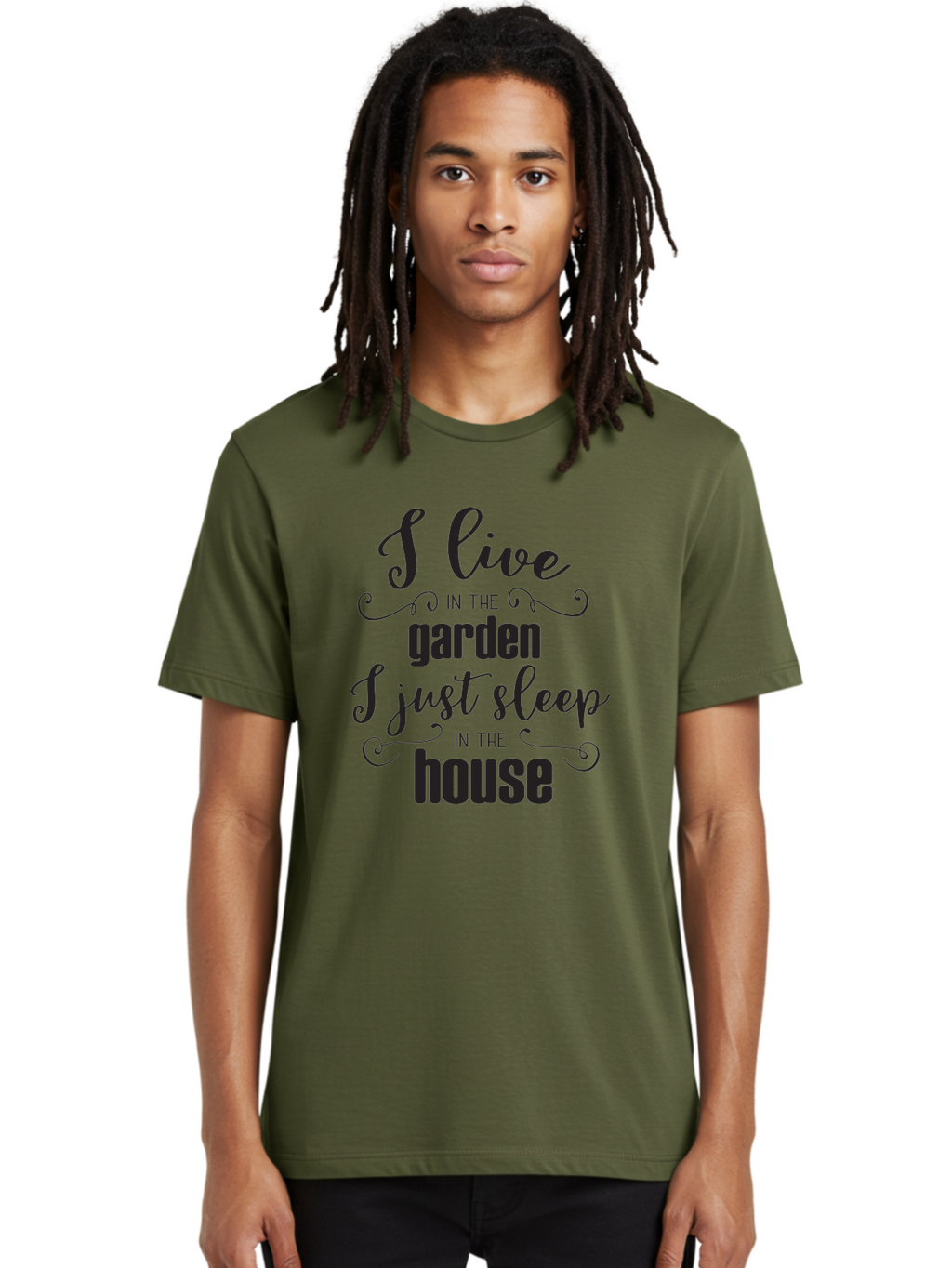 I-Live-In-The-Garden-I-Just-Sleep-In-The-House Men'S Graphic Tee, 100% Cotton, Comfortable Casual Summer Wear, Machine Washable, Inspirational Quote, Garden Lover, House And Garden, Outdoor Living, Nature Enthusiast, Gardening Life, Quote Art, Aac852