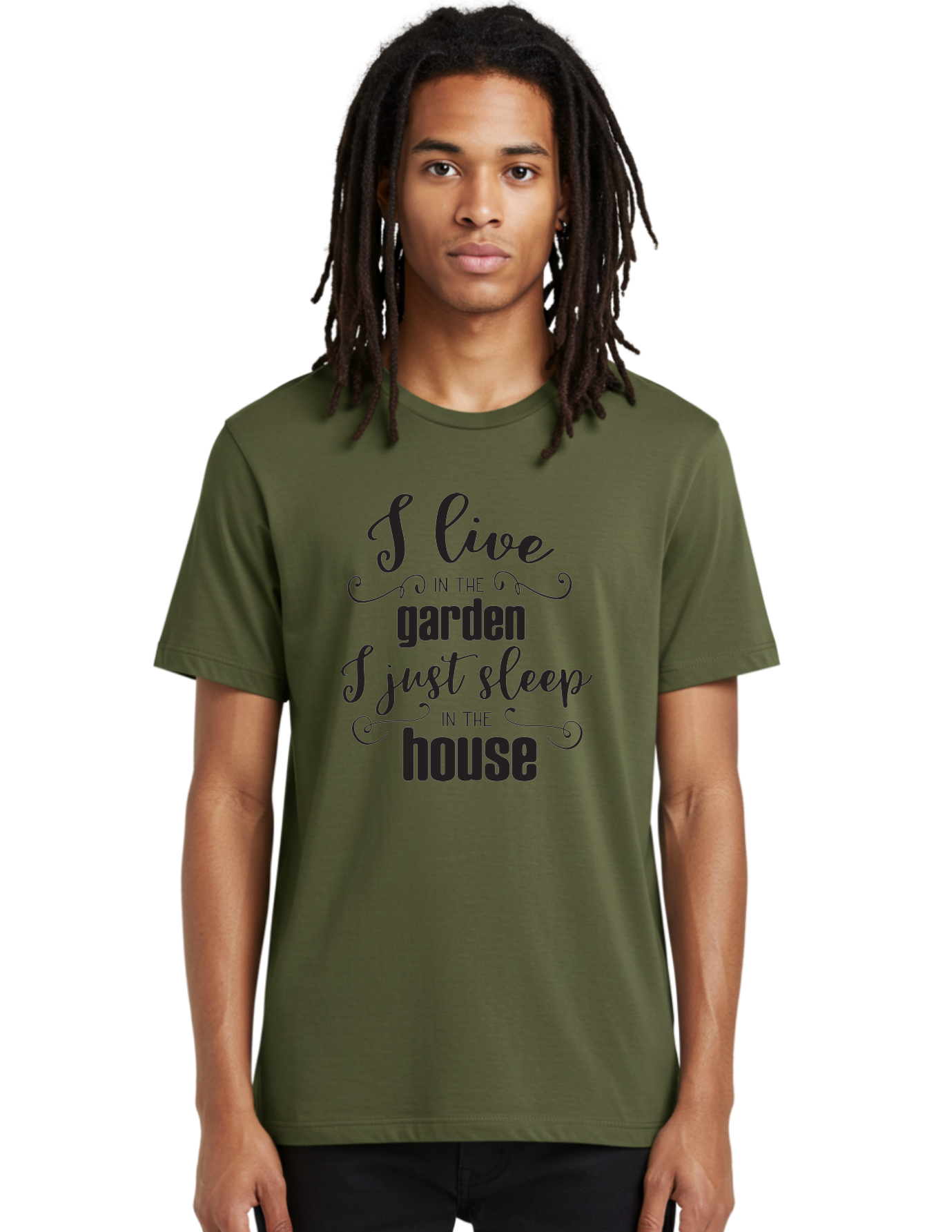 I-Live-In-The-Garden-I-Just-Sleep-In-The-House Men'S Graphic Tee, 100% Cotton, Comfortable Casual Summer Wear, Machine Washable, Inspirational Quote, Garden Lover, House And Garden, Outdoor Living, Nature Enthusiast, Gardening Life, Quote Art, Aac852