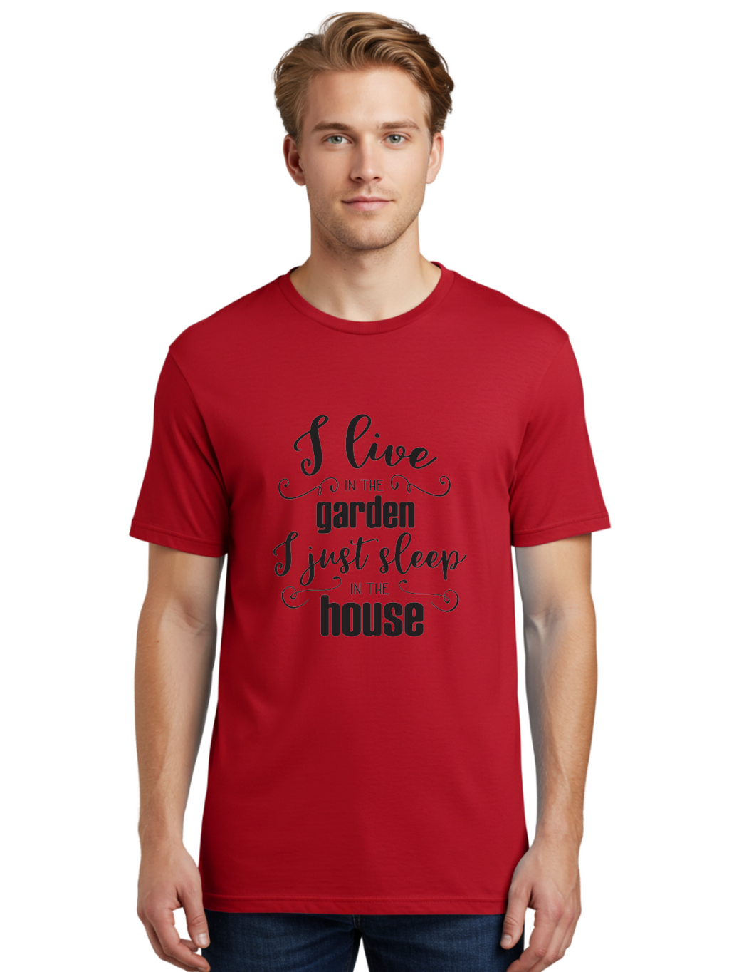 I-Live-In-The-Garden-I-Just-Sleep-In-The-House Men'S Graphic Tee, 100% Cotton, Comfortable Casual Summer Wear, Machine Washable, Inspirational Quote, Garden Lover, House And Garden, Outdoor Living, Nature Enthusiast, Gardening Life, Quote Art, Aac852