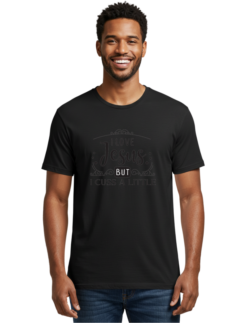 I-Love-Jesus-But-I-Cuss-A-Little Men'S Graphic Tee, 100% Cotton, Comfortable Casual Summer Wear, Machine Washable, Faithful Saying, Inspirational Quote, Jesus Love, Cussing Humor, Christian Faith, Religious Phrase, Inspirational Words, Aac855
