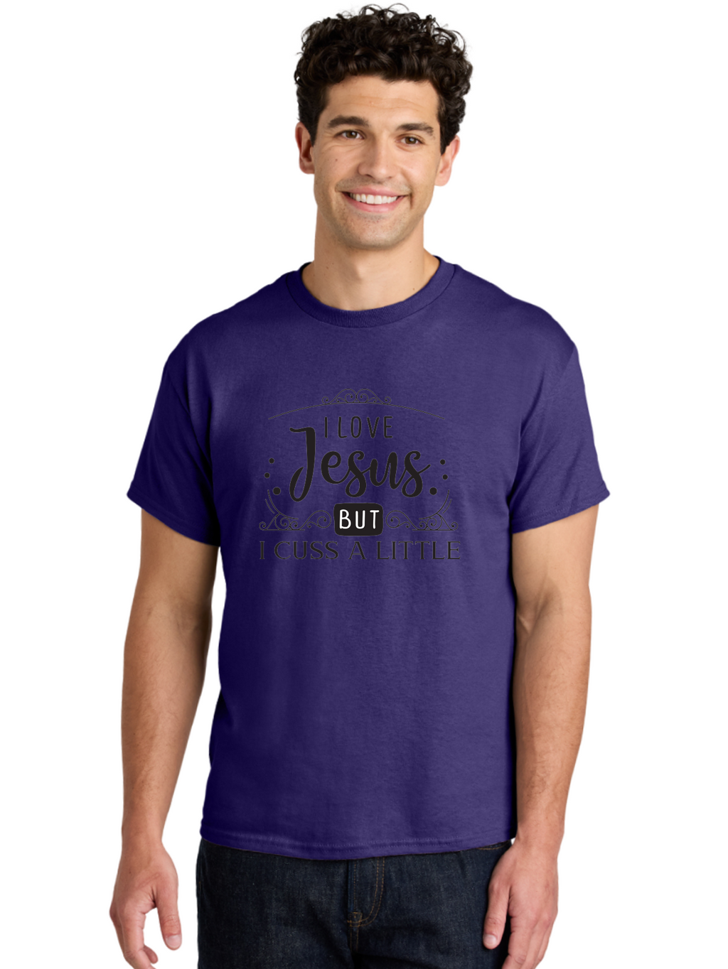 I-Love-Jesus-But-I-Cuss-A-Little Men'S Graphic Tee, 100% Cotton, Comfortable Casual Summer Wear, Machine Washable, Faithful Saying, Inspirational Quote, Jesus Love, Cussing Humor, Christian Faith, Religious Phrase, Inspirational Words, Aac855
