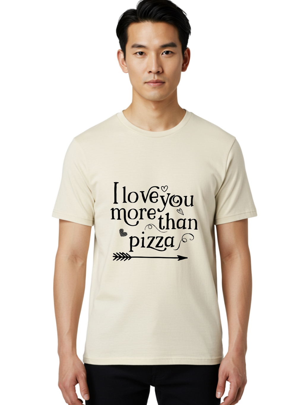 I-Love-You-More-Than-Pizza Men'S Graphic Tee, 100% Cotton, Comfortable Casual Summer Wear, Machine Washable, Love Quote, Pizza Love, Romantic Phrase, Heartwarming Saying, Valentine'S Day Message, Cute Typography, Arrow Design, Whimsical Hearts Aac857