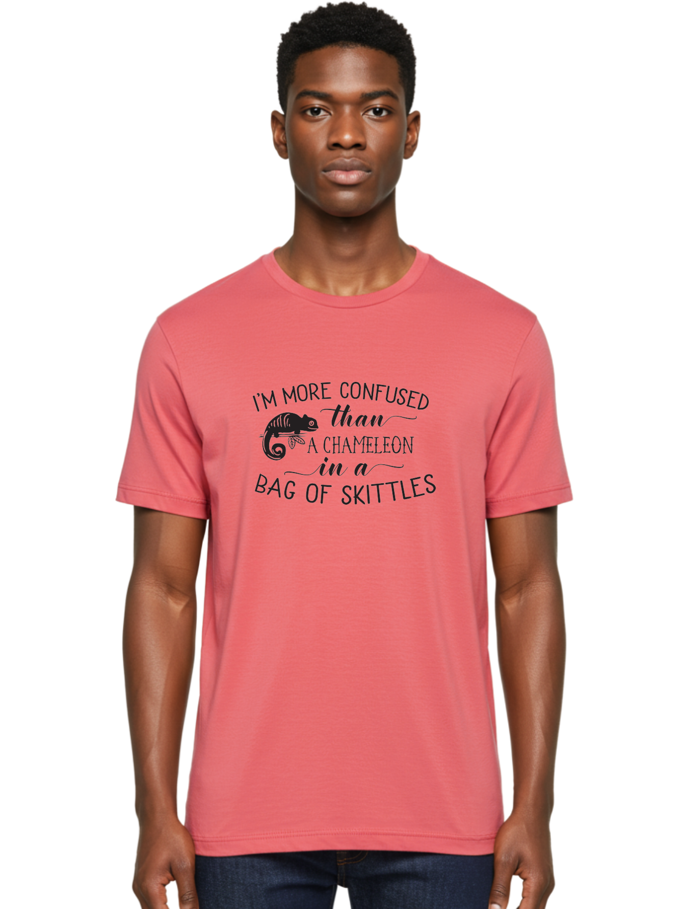 I-M-More-Confused-Than-A-Chameleon-In-A-Bag-Of-Skittles Men'S Graphic Tee, 100% Cotton, Comfortable Casual Summer Wear, Machine Washable, Funny Quote, Humorous Saying, Confused Chameleon, Bag Of Skittles, Playful Graphic, Whimsical Design, Aac863