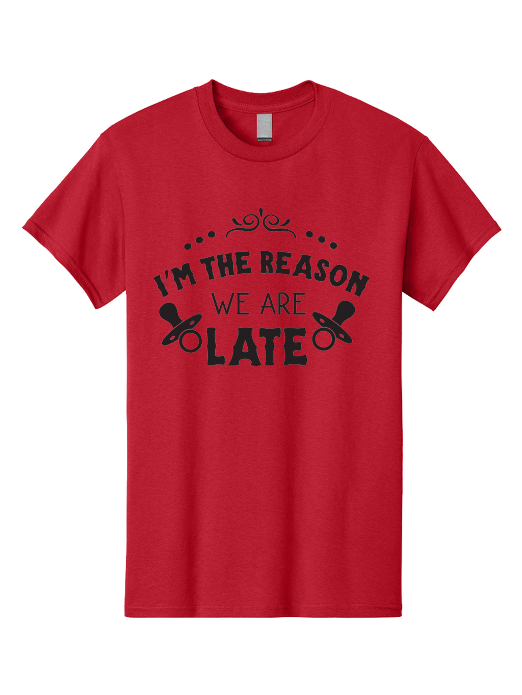 I-M-The-Reason-We-Are-Late Men'S Graphic Tee, 100% Cotton, Comfortable Casual Summer Wear, Machine Washable, Funny Baby Quote, Humorous Parenting Phrase, Adorable Pacifier Graphics, Playful Parenting Humor, Cute Baby Saying, Parenting Jokes, Aac868