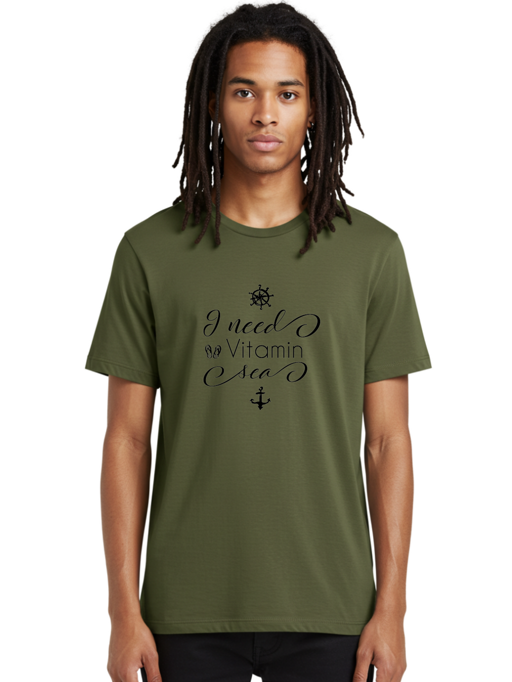 I-Need-Vitamin-Sea Men'S Graphic Tee, 100% Cotton, Comfortable Casual Summer Wear, Machine Washable, Nautical Theme, Ocean Inspiration, Beachy Vibes, Inspirational Quote, Sailing Symbols, Flip Flops, Anchor, Ship'S Wheel Aac872