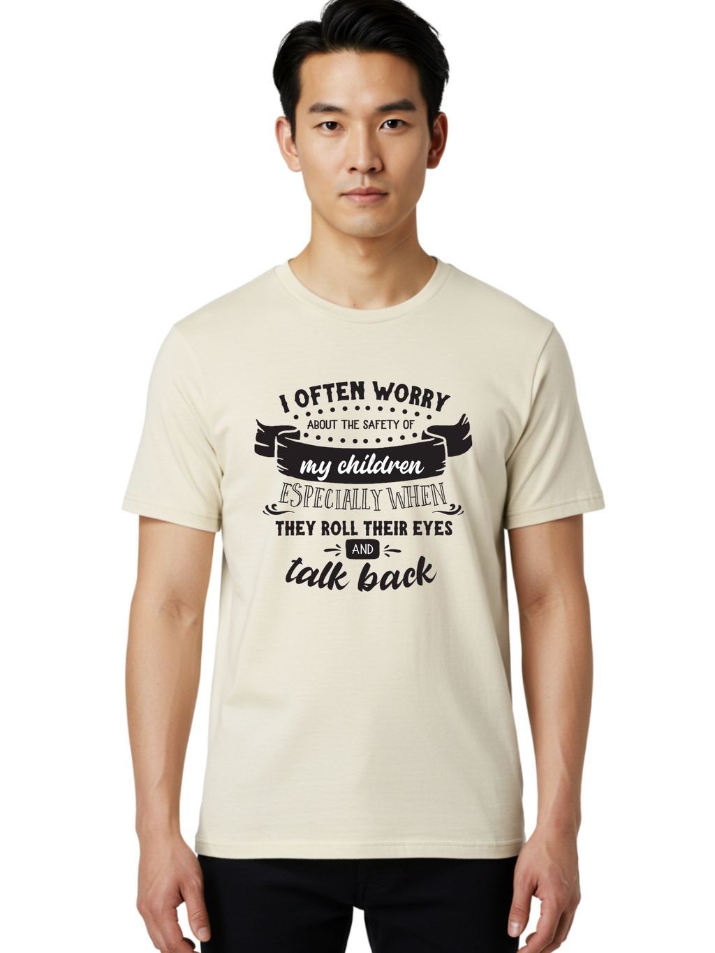 I-Often-Worry-About-The-Safety-Of-My-Children Men'S Graphic Tee, 100% Cotton, Comfortable Casual Summer Wear, Machine Washable, Funny Parenting Quote, Humorous Saying, Kids Backtalk, Sarcastic Humor, Ironic Expression, Playful Design, Aac873