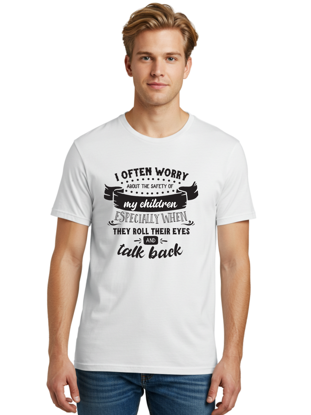 I-Often-Worry-About-The-Safety-Of-My-Children Men'S Graphic Tee, 100% Cotton, Comfortable Casual Summer Wear, Machine Washable, Funny Parenting Quote, Humorous Saying, Kids Backtalk, Sarcastic Humor, Ironic Expression, Playful Design, Aac873