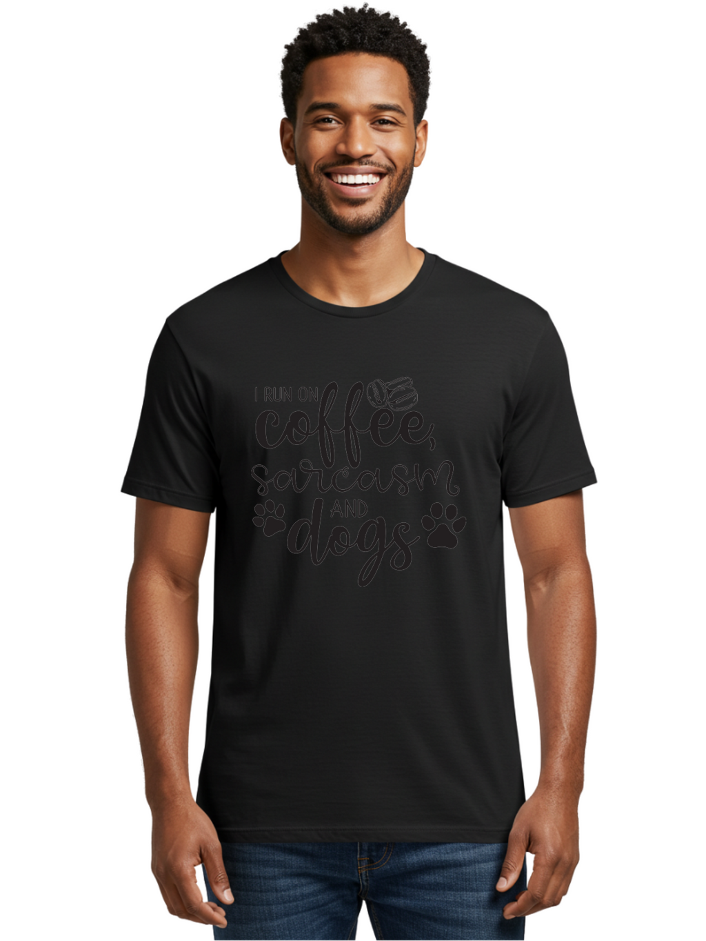 I-Run-On-Coffee-Sarcasm-And-Dogs Men'S Graphic Tee, 100% Cotton, Comfortable Casual Summer Wear, Machine Washable, Funny Quote, Dog Lovers, Coffee Lovers, Sarcastic Humor, Motivational Quotes, Dog Paw Prints, Coffee Beans Aac876