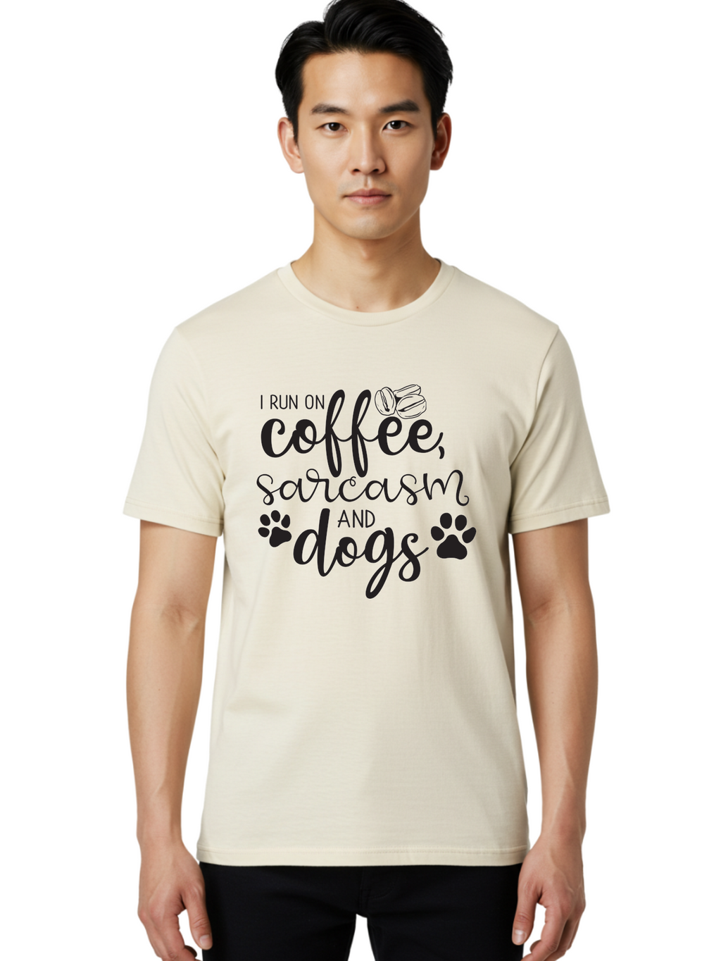 I-Run-On-Coffee-Sarcasm-And-Dogs Men'S Graphic Tee, 100% Cotton, Comfortable Casual Summer Wear, Machine Washable, Funny Quote, Dog Lovers, Coffee Lovers, Sarcastic Humor, Motivational Quotes, Dog Paw Prints, Coffee Beans Aac876